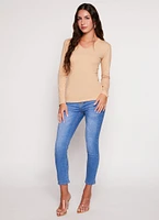 Womens Basic V Neck Long Sleeve T Shirt, Beige, Size S