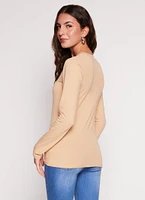 Womens Basic V Neck Long Sleeve T Shirt, Beige, Size S