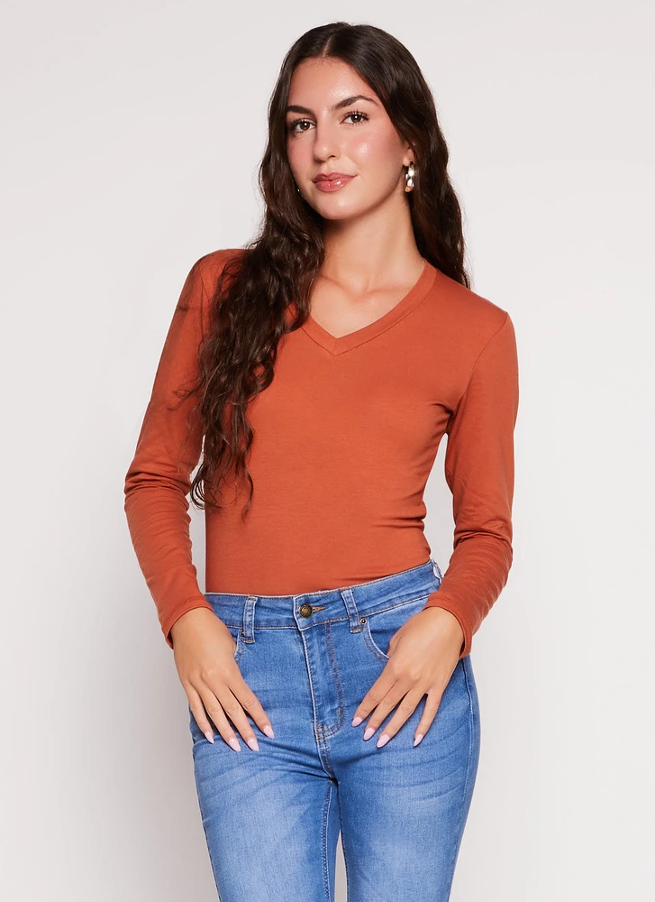 Womens Basic V Neck Long Sleeve T Shirt, Orange, Size M