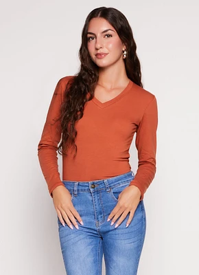 Womens Basic V Neck Long Sleeve T Shirt, Orange, Size M