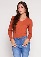 Womens Basic V Neck Long Sleeve T Shirt, Orange, Size L