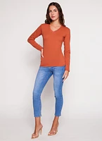 Womens Basic V Neck Long Sleeve T Shirt, Orange, Size M
