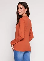 Womens Basic V Neck Long Sleeve T Shirt, Orange, Size M