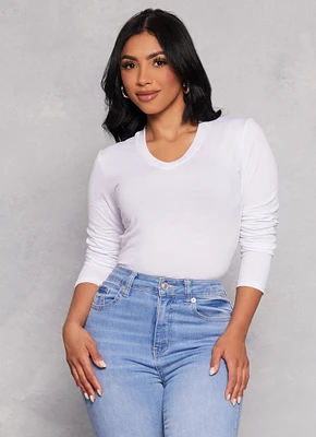 Womens Basic V Neck Long Sleeve Tee, White, Size M