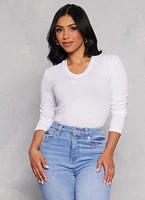 Womens Basic V Neck Long Sleeve Tee, White, Size S