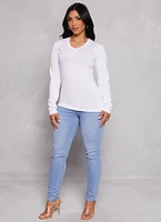 Womens Basic V Neck Long Sleeve Tee, White, Size M