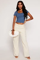 Womens Double Lined Square Neck Crop Top, Blue, Size XL