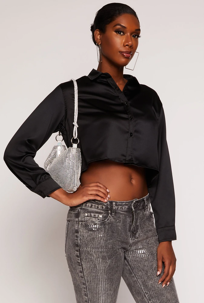 Womens Iris Satin Button Front Cropped Blouse, Black, Size M