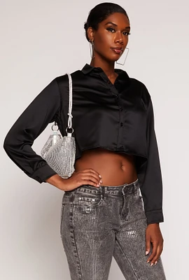 Womens Iris Satin Button Front Cropped Blouse, Black, Size M
