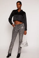 Womens Iris Satin Button Front Cropped Blouse, Black, Size M