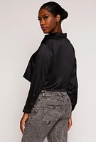 Womens Iris Satin Button Front Cropped Blouse, Black, Size M