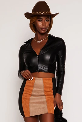 Womens Faux Leather Shirt Collar Crop Top,