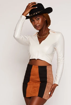 Womens Faux Leather Shirt Collar Crop Top, White, Size S