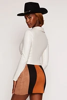 Womens Faux Leather Shirt Collar Crop Top, White, Size S