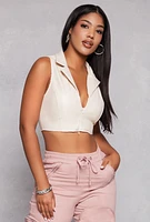 Womens Faux Leather Sleeveless Collared Crop Top, White, Size L