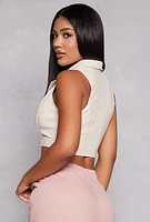 Womens Faux Leather Sleeveless Collared Crop Top, White, Size L