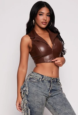 Womens Faux Leather Sleeveless Collared Crop Top, Brown,