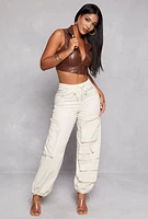 Womens Faux Leather Sleeveless Collared Crop Top, Brown,