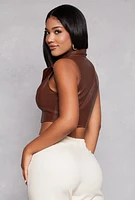 Womens Faux Leather Sleeveless Collared Crop Top, Brown,