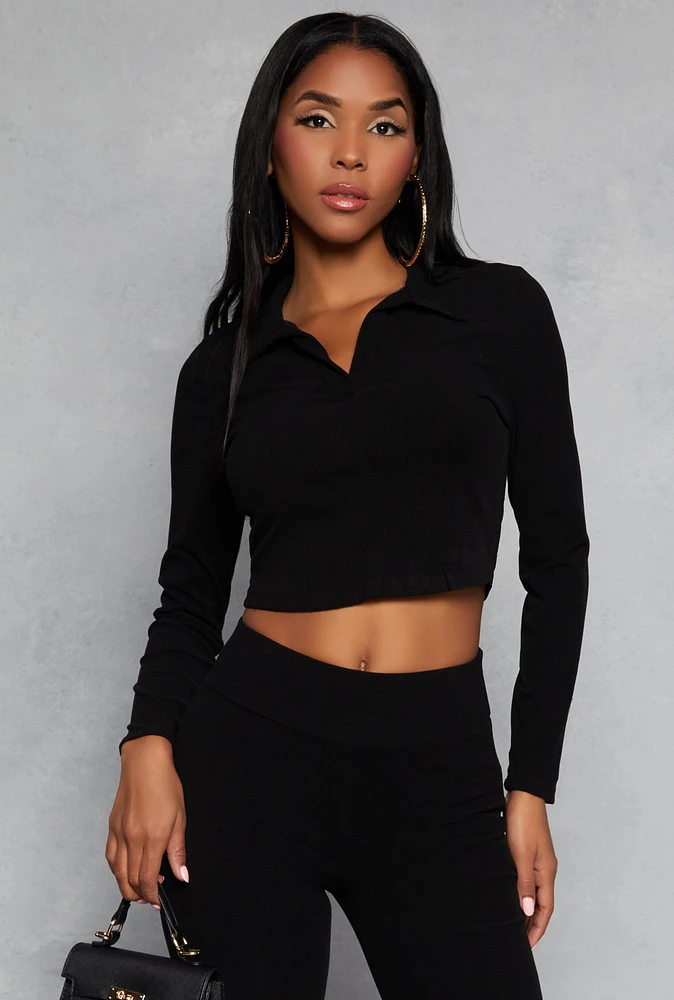 Womens Johnny Collar Long Sleeve Crop Top,