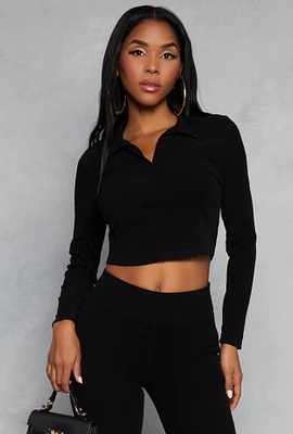 Womens Johnny Collar Long Sleeve Crop Top, Black, Size M