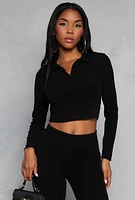 Womens Johnny Collar Long Sleeve Crop Top, Black, Size M