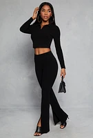 Womens Johnny Collar Long Sleeve Crop Top, Black, Size M
