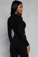 Womens Johnny Collar Long Sleeve Crop Top, Black, Size M
