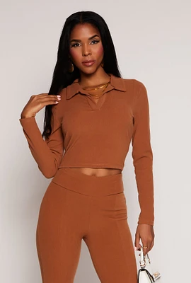 Womens Johnny Collar Long Sleeve Crop Top, Brown, Size L