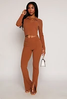 Womens Johnny Collar Long Sleeve Crop Top, Brown, Size M