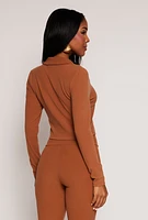 Womens Johnny Collar Long Sleeve Crop Top, Brown, Size M