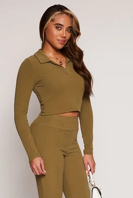 Womens Johnny Collar Long Sleeve Crop Top, Green, Size L