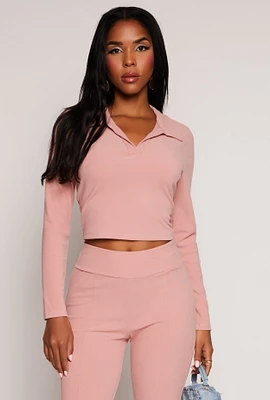 Womens Johnny Collar Long Sleeve Crop Top, Pink, Size S