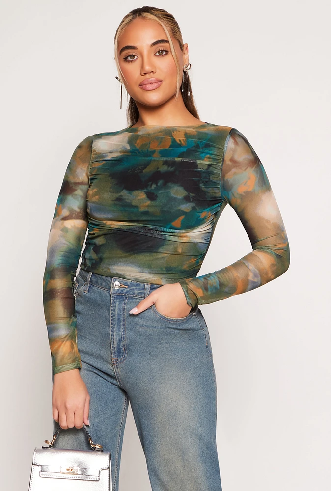 Womens Mesh Abstract Floral Print Ruched Top,