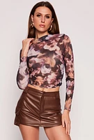 Womens Floral Print Long Sleeve Mesh Top, Multi, Size M