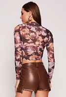 Womens Floral Print Long Sleeve Mesh Top, Multi, Size M