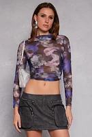 Womens Floral Print Long Sleeve Mesh Top, Multi, Size S