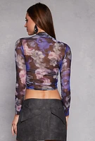 Womens Floral Print Long Sleeve Mesh Top, Multi, Size S