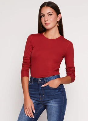 Womens Basic Crew Neck Long Sleeve Top, Burgundy, Size S