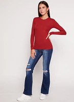Womens Basic Crew Neck Long Sleeve Top, Burgundy, Size S
