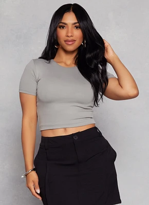 Womens Crew Neck Basic Cropped Tee, Grey, Size L