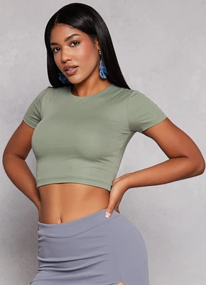 Womens Crew Neck Basic Cropped Tee, Green, Size L
