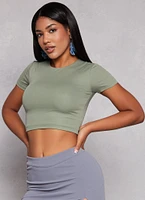 Womens Crew Neck Basic Cropped Tee, Green, Size L