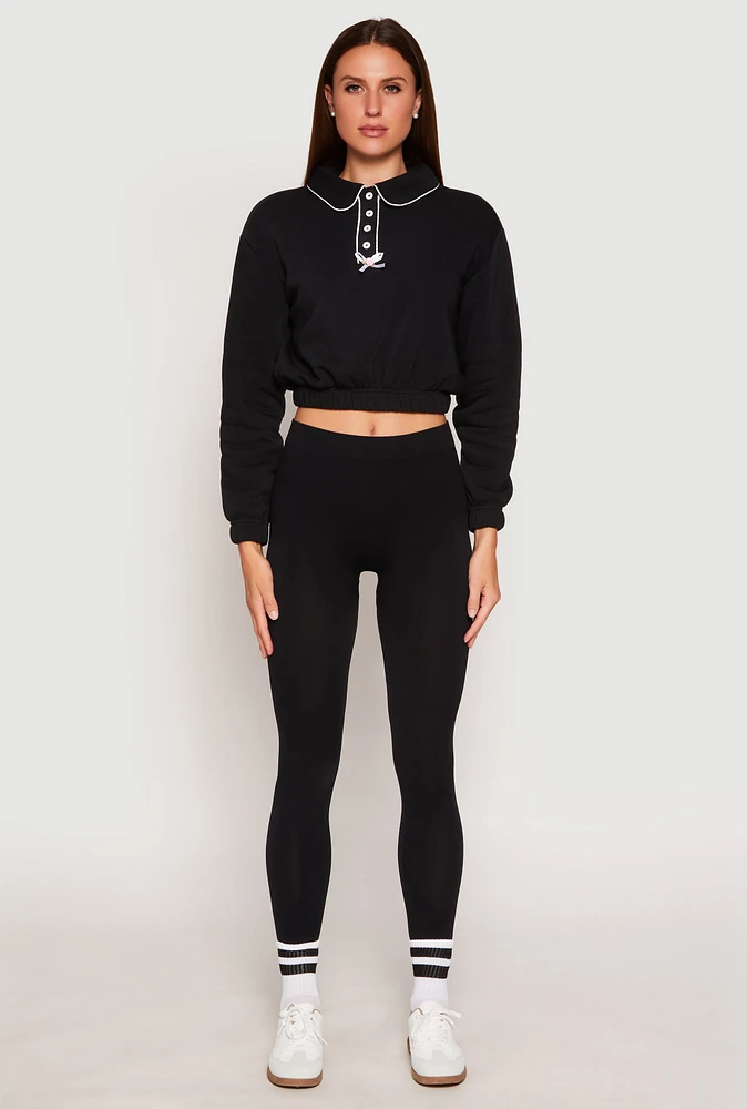 Womens Contrast Trim Collared Cropped Sweatshirt, Black, Size L