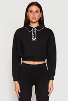 Womens Contrast Trim Collared Cropped Sweatshirt, Black, Size L