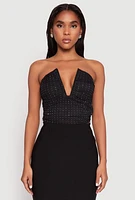 Womens Rhinestone Mesh Plunge Corset Top, Black, Size M