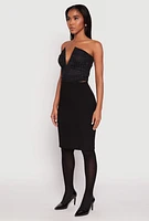 Womens Rhinestone Mesh Plunge Corset Top, Black, Size M