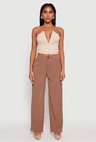 Womens Rhinestone Mesh Plunge Corset Top, Beige, Size L