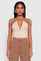Womens Rhinestone Mesh Plunge Corset Top, Beige, Size L