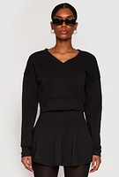 Womens V Neck Cropped Sweatshirt, Black, Size L